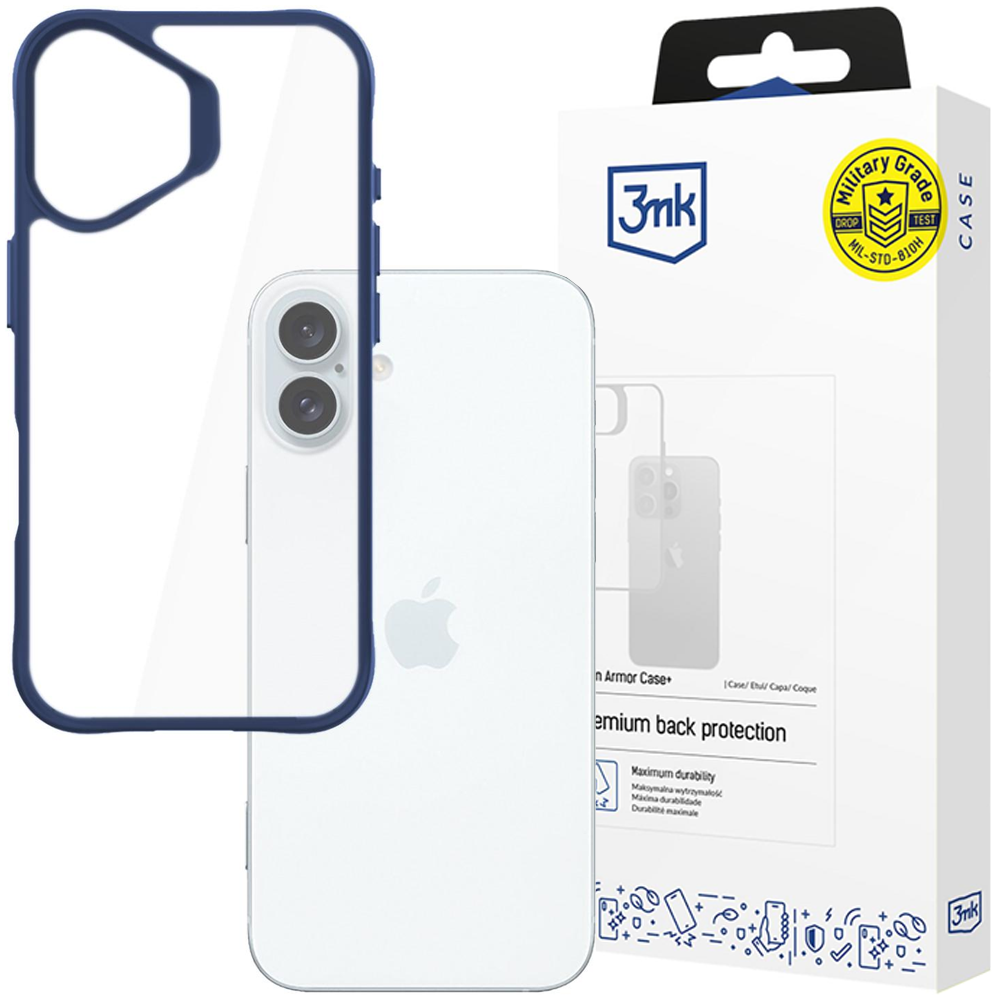 Un iPhone bianco con custodia trasparente e bordo blu. A destra, una scatola bianca con il logo 3mk e informazioni sul prodotto.