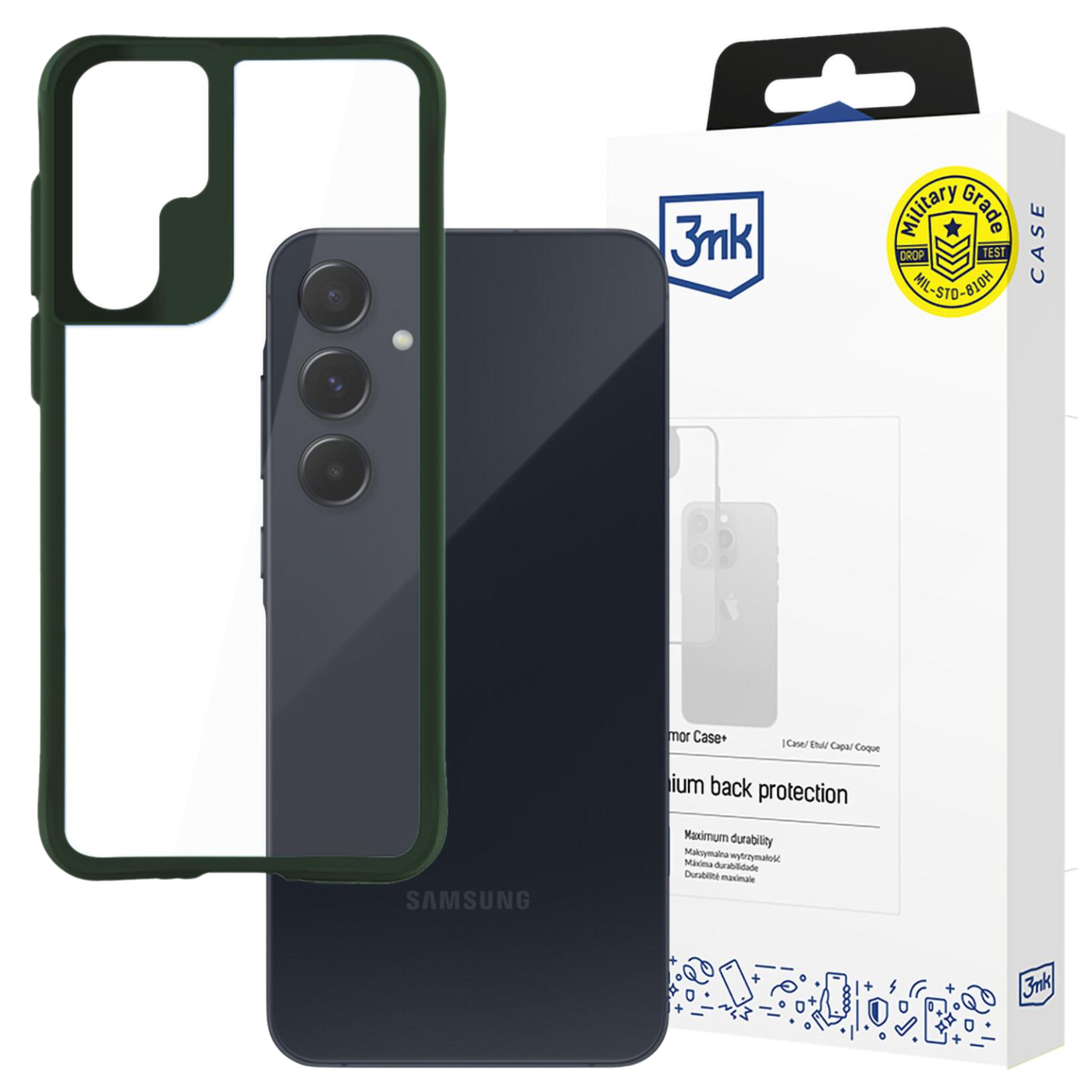 Vengono mostrati una custodia per telefono e un telefono. La custodia è verde e trasparente, con un telefono blu scuro all'interno. La scatola è bianca.