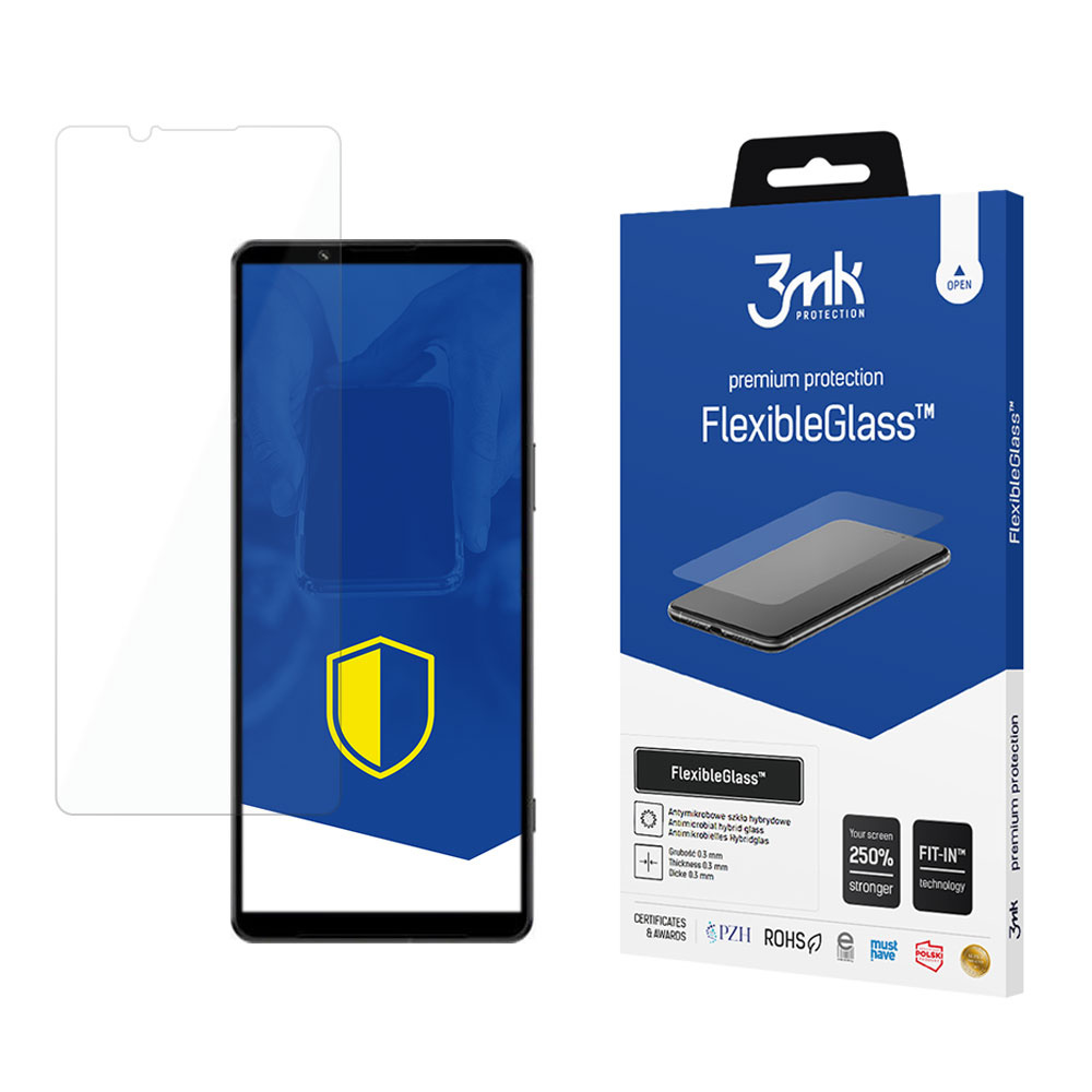 Un proteggi schermo, un telefono e una scatola FlexibleGlass su una superficie bianca con sfondo blu.