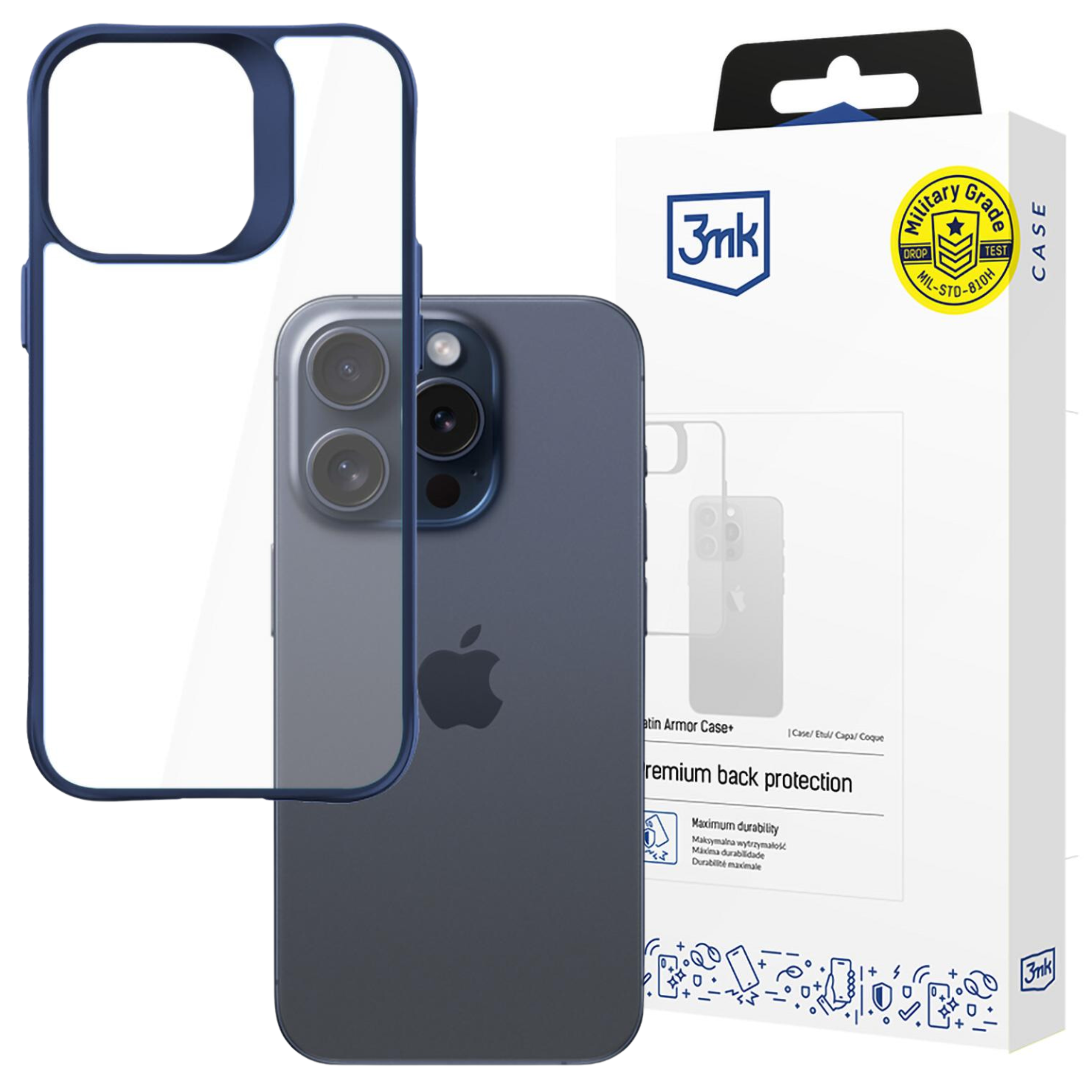 Un iPhone con custodia blu è accanto a una scatola bianca con testo ed etichetta di grado militare.