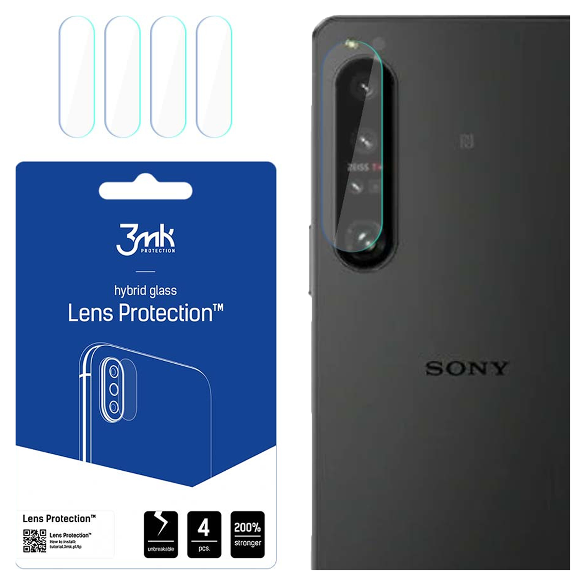L'immagine mostra un kit di protezione per lenti del telefono con lenti e un telefono. La confezione è blu con testo bianco.