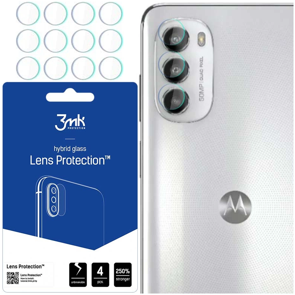Un telefono e protezioni per lenti. Il telefono è argento con una fotocamera. Le protezioni sono cerchi trasparenti. È visibile anche una scatola blu con testo.