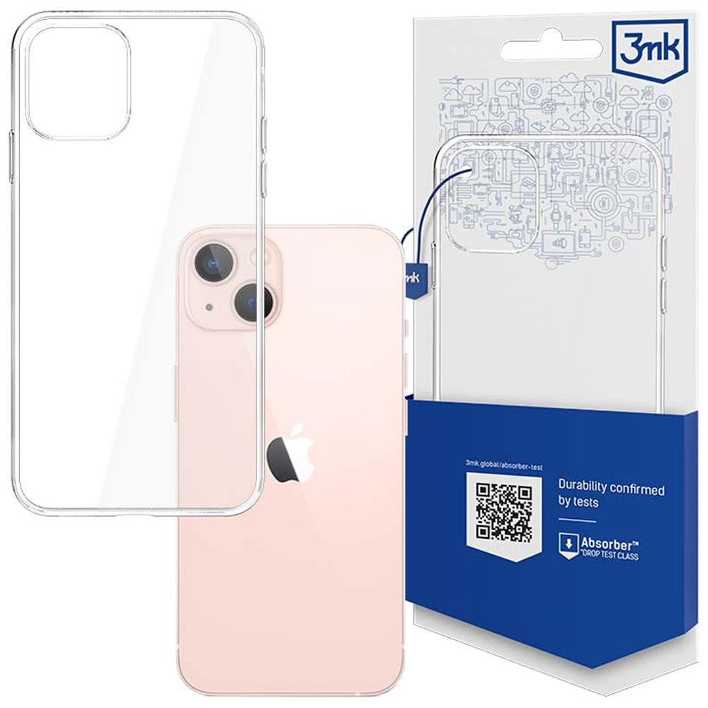 Różowy iPhone z przezroczystym etui obok opakowania etui na telefon. Opakowanie ma niebieski spód i ilustrację przezroczystego etui.
