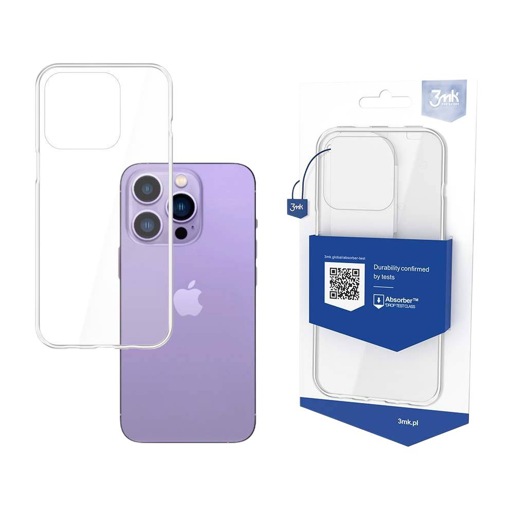 Fioletowy smartfon z przezroczystym etui obok zapakowanego etui. Opakowanie ma kod QR i tekst o trwałości.