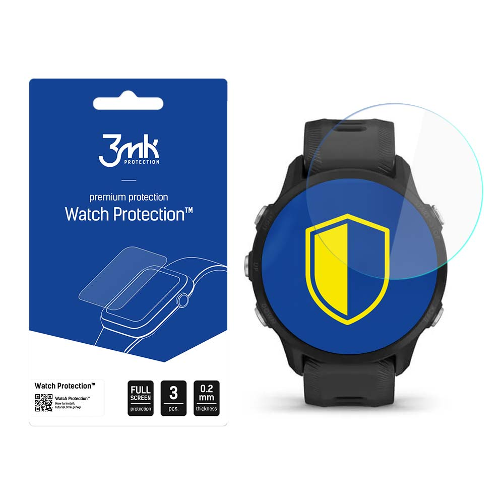 Uno smartwatch con protezione schermo e confezione. La protezione ha uno scudo giallo su blu. La confezione dice protezione orologio.