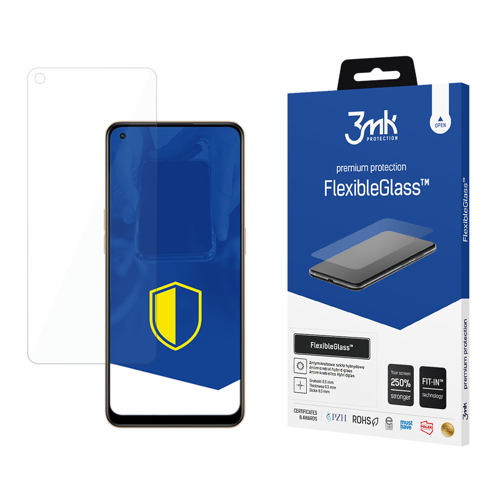 Un protector de pantalla y una caja. El protector es transparente, el teléfono tiene un escudo amarillo. La caja es azul con texto e imagen de teléfono.