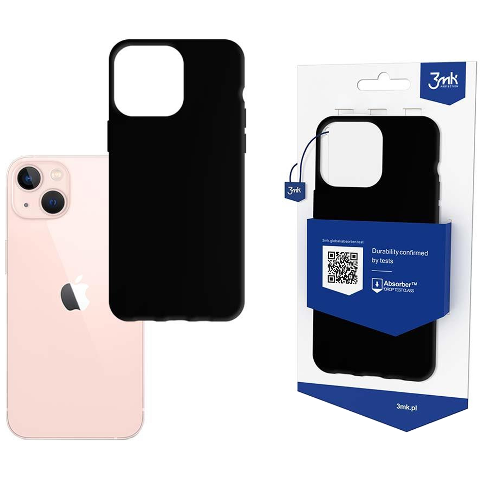 Różowy iPhone obok czarnego etui w opakowaniu. Etui jest w białym opakowaniu z niebieskimi akcentami i logo 3mk.