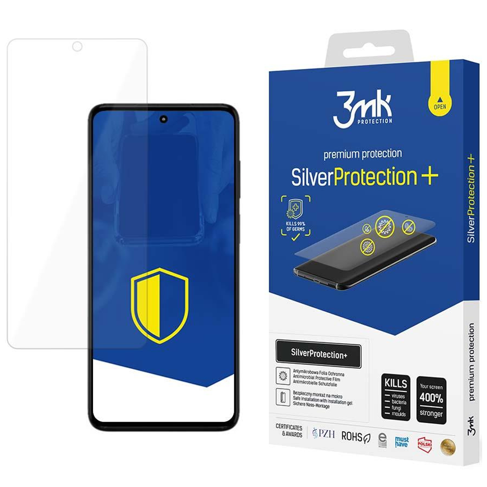 Un proteggi schermo per telefono con telefono e scatola. La scatola dice SilverProtection+ e uccide i germi.