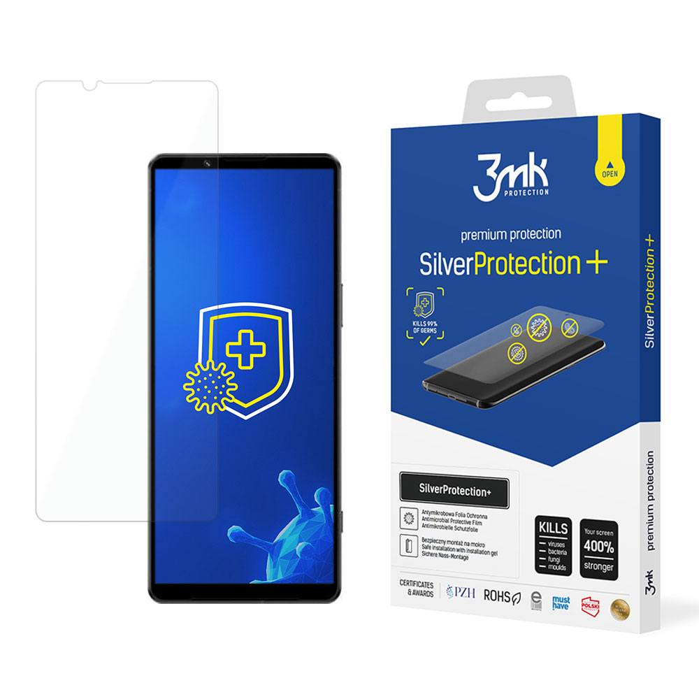 Un telefono con protezione schermo, una scatola con "SilverProtection+", un'icona scudo con una croce e il logo 3mk.