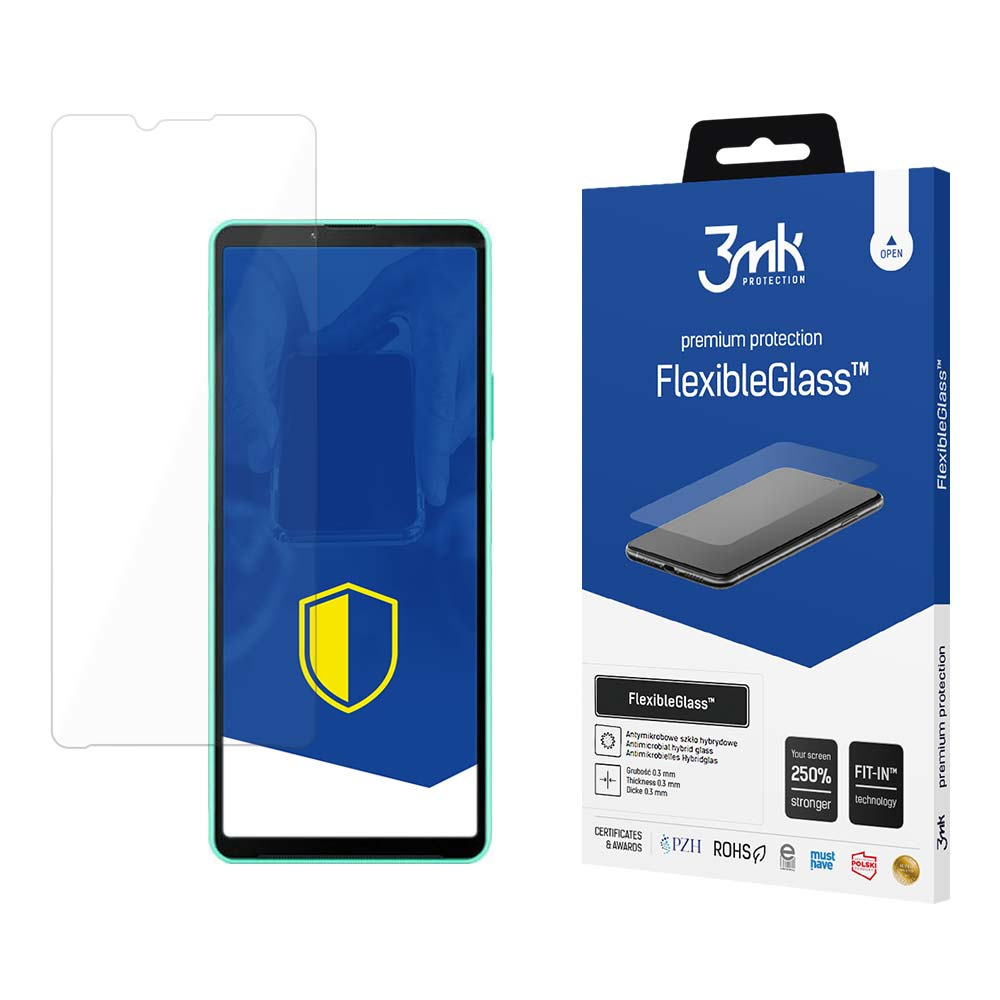 Un proteggi schermo e una scatola. La scatola dice FlexibleGlass, ha un'immagine di telefono e il logo 3mk.