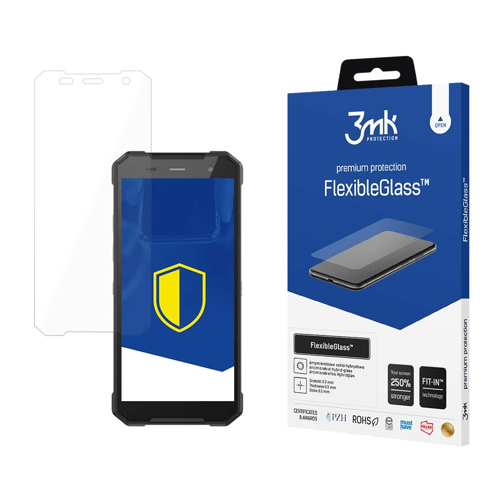 Un telefono e una protezione per lo schermo vengono visualizzati con la confezione FlexibleGlass. Il telefono ha uno scudo giallo e blu sullo schermo.