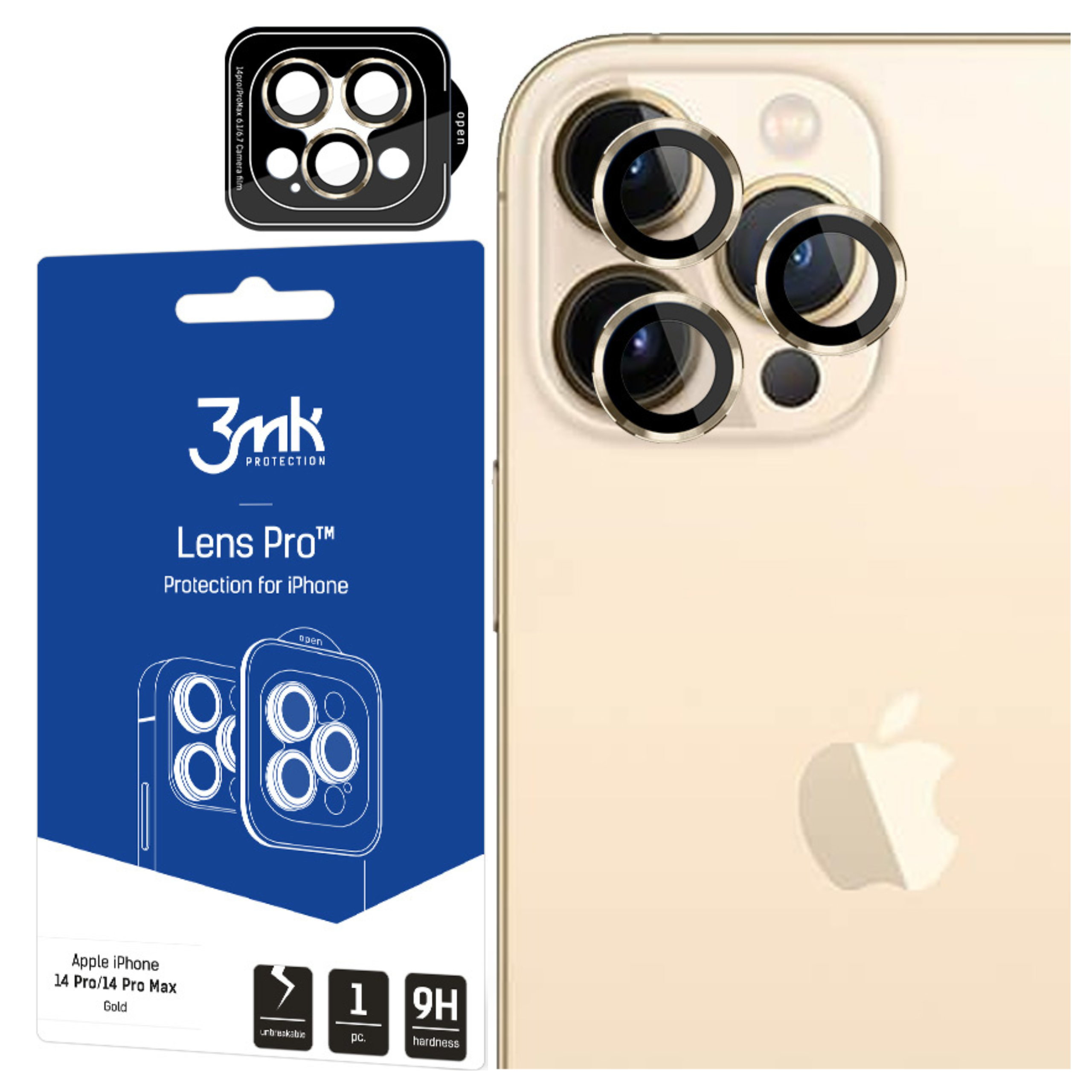 L'immagine mostra un iPhone con protezioni per lenti, confezione e un primo piano delle lenti della fotocamera del telefono. Il telefono è dorato.