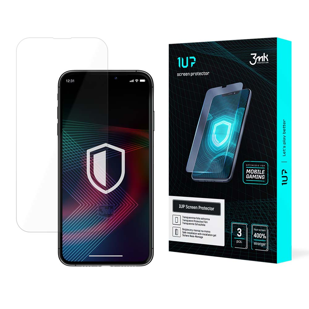 Un telefono con protezione schermo, una protezione schermo e una scatola di protezione schermo con il logo 1UP e l'immagine del telefono.
