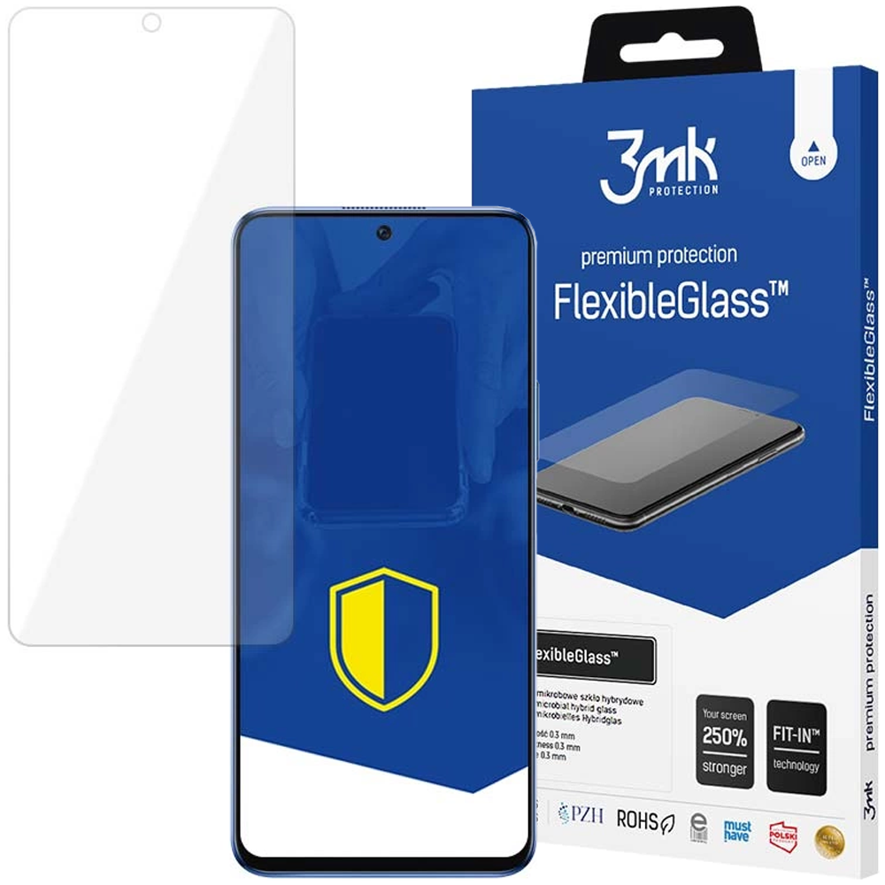 Un proteggi schermo, un telefono e una scatola con testo. La scatola dice FlexibleGlass. Il proteggi schermo è trasparente.