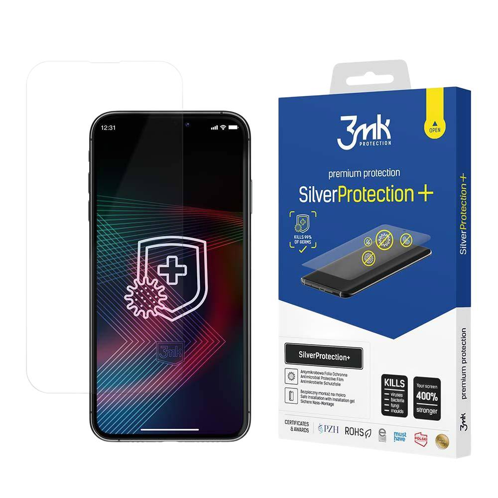 Telefon wyświetlający ikonę tarczy z krzyżem. Pudełko ochronne na ekran po prawej stronie.