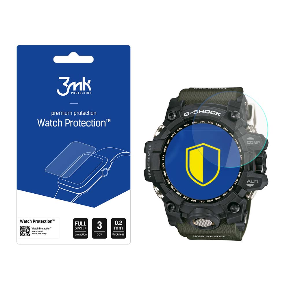 L'immagine mostra un orologio G-Shock con una protezione per lo schermo e una confezione della protezione per lo schermo con dettagli. Testo: Watch Protection.