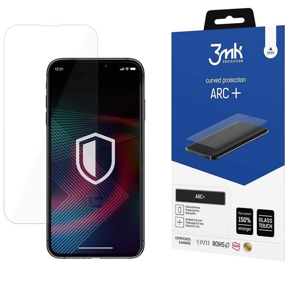 Un telefono con una protezione per lo schermo, una scatola con il marchio 3mk e le parole "curved protection ARC+".