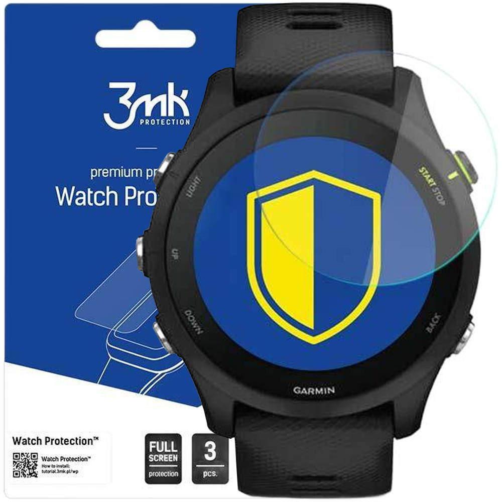 Orologio Garmin nero con protezione schermo, scudo blu con giallo all'interno e sfondo blu.