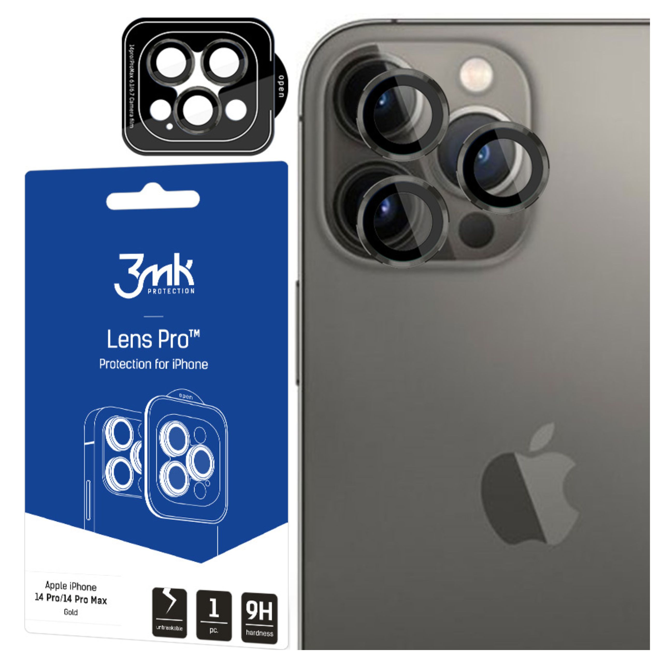 L'immagine mostra un iPhone con protezioni per lenti della fotocamera, confezione e logo Apple. Le protezioni sono nere.
