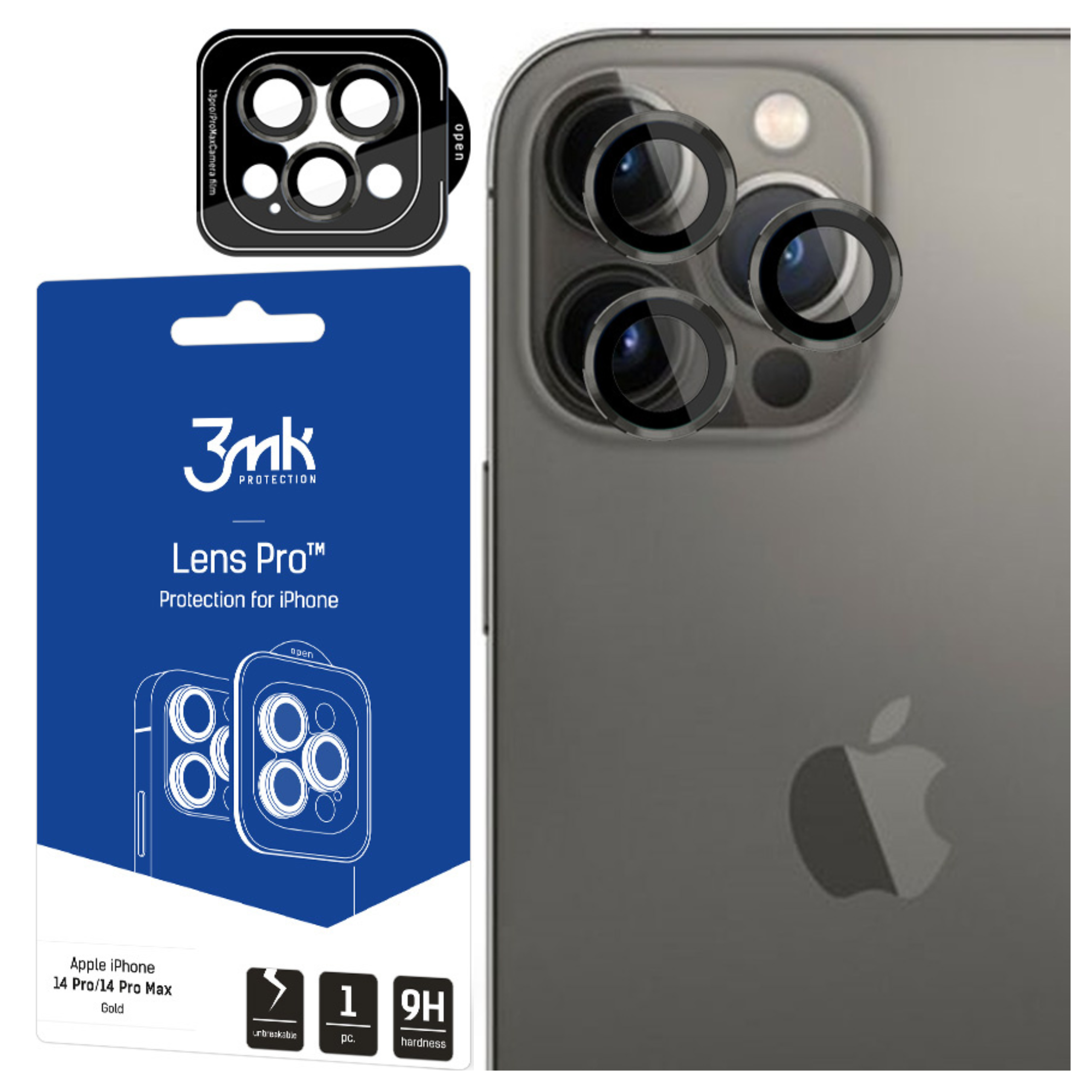 Un iPhone con copertura protettiva per lenti e confezione. La confezione mostra diagrammi delle lenti e testo. Il telefono ha il logo Apple.