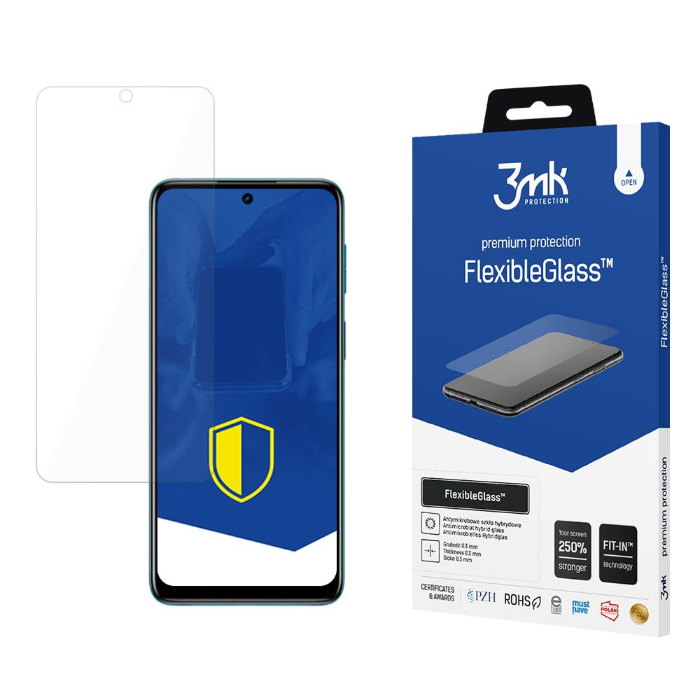 Un proteggi schermo e una scatola. La scatola è blu con il marchio 3mk. Il proteggi schermo è trasparente e viene visualizzato un telefono.