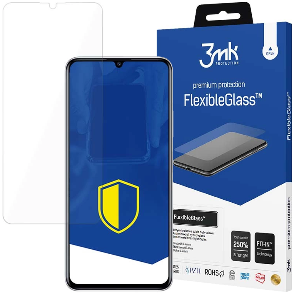 Un proteggi schermo e un telefono sono esposti con una confezione del prodotto. La scatola pubblicizza la protezione FlexibleGlass.