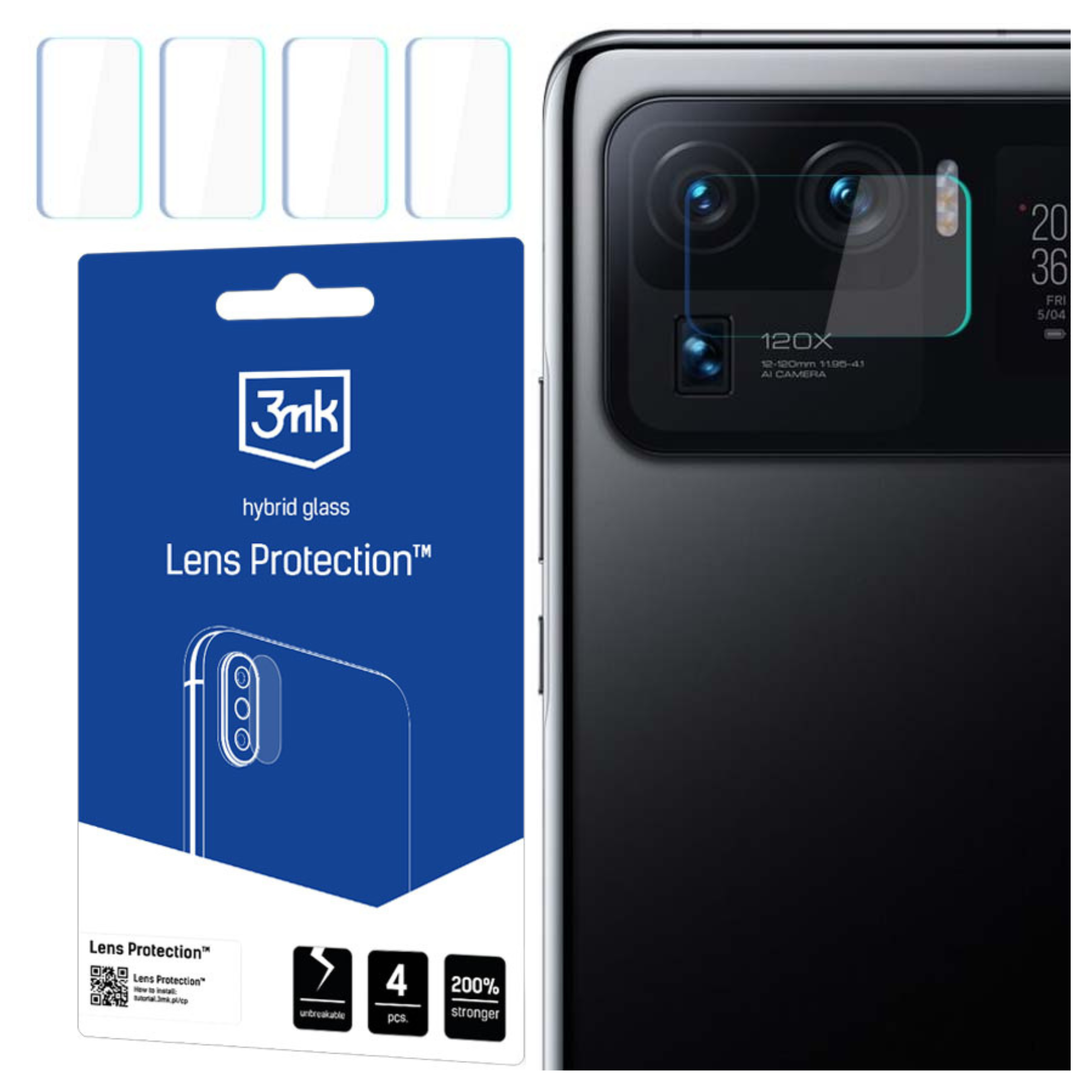 Un pacchetto di protezioni per lenti del telefono accanto a un telefono. Il pacchetto ha protezioni in vetro e il telefono ha lenti della fotocamera.