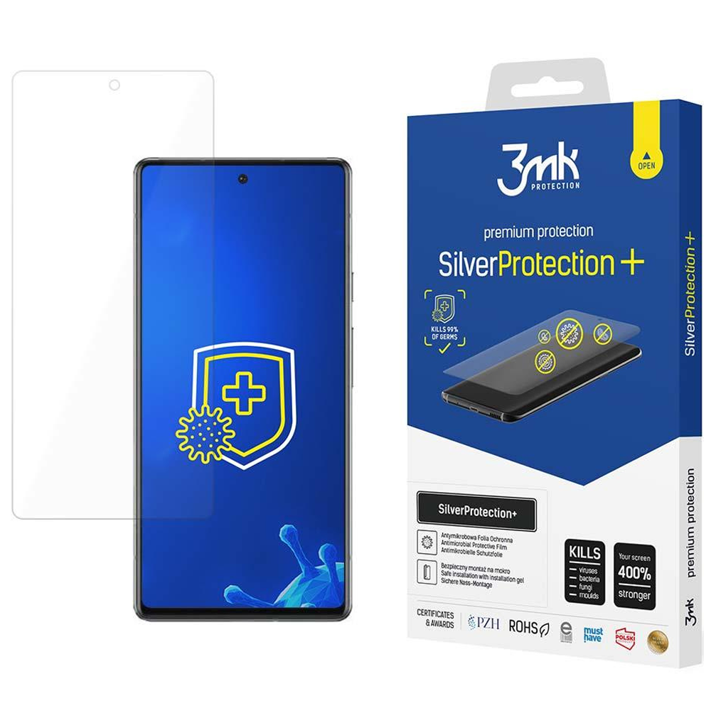 Una scatola e un proteggi schermo per telefono. La scatola dice SilverProtection+, e il proteggi schermo è trasparente.