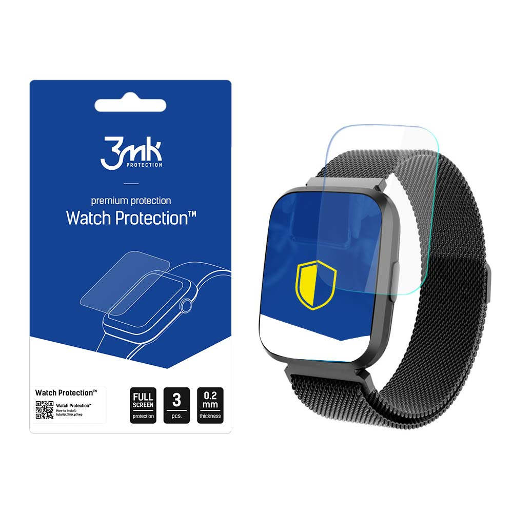 Uno smartwatch con una protezione per lo schermo e una scatola che mostra il prodotto. La protezione ha un'icona a scudo.