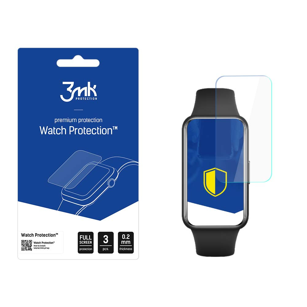 Se muestra un producto protector de pantalla de reloj con un reloj. El protector está en el reloj. El paquete es azul y blanco.