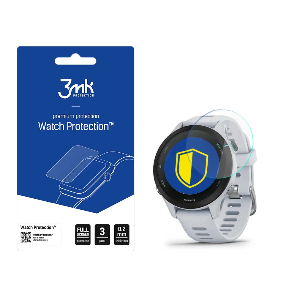 Un reloj Garmin blanco con un protector de pantalla y un paquete de protectores de pantalla con la marca 3mk sobre un fondo blanco.
