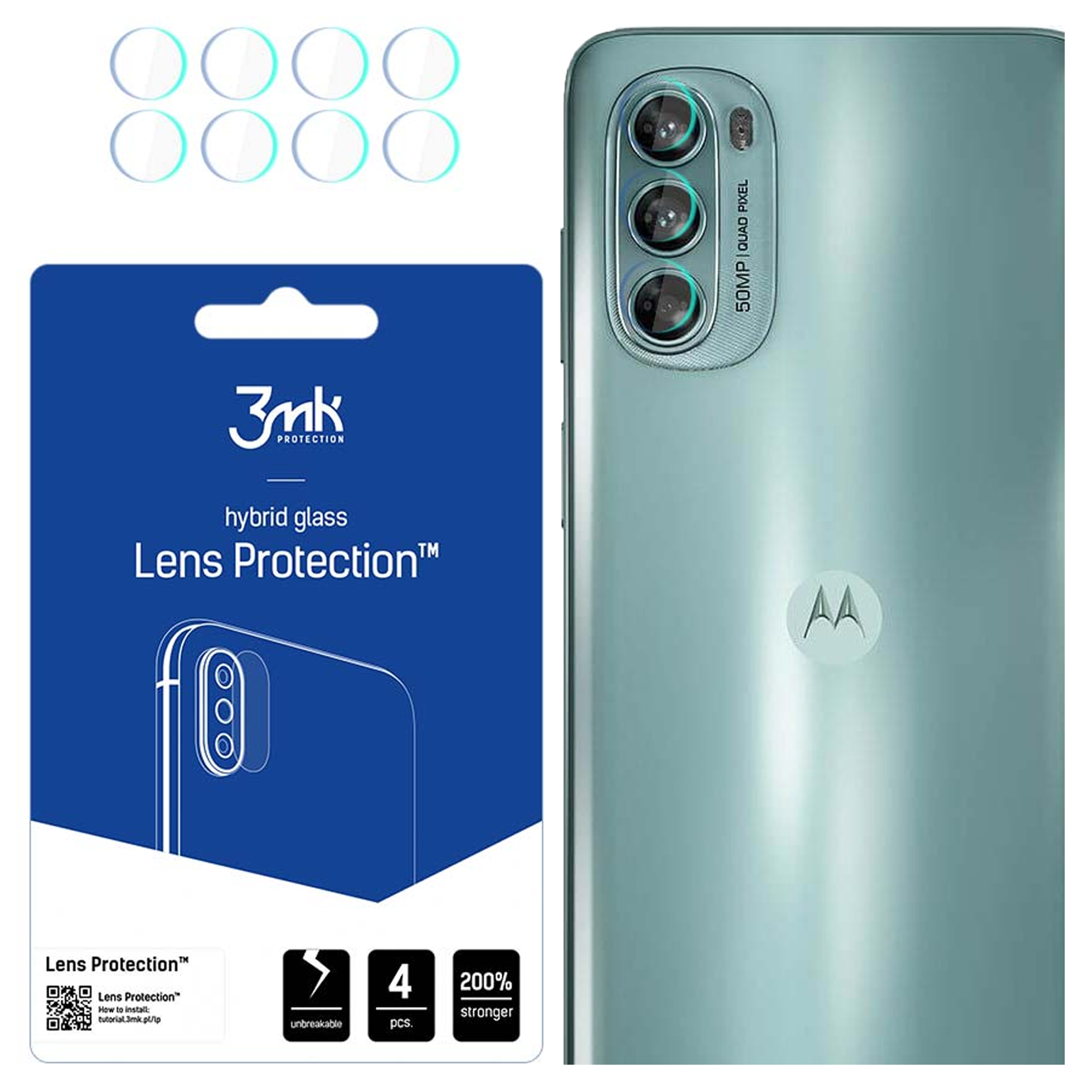 L'image montre un téléphone et des protecteurs d'objectif. Le téléphone est turquoise, les protecteurs sont transparents. Un paquet bleu est visible.