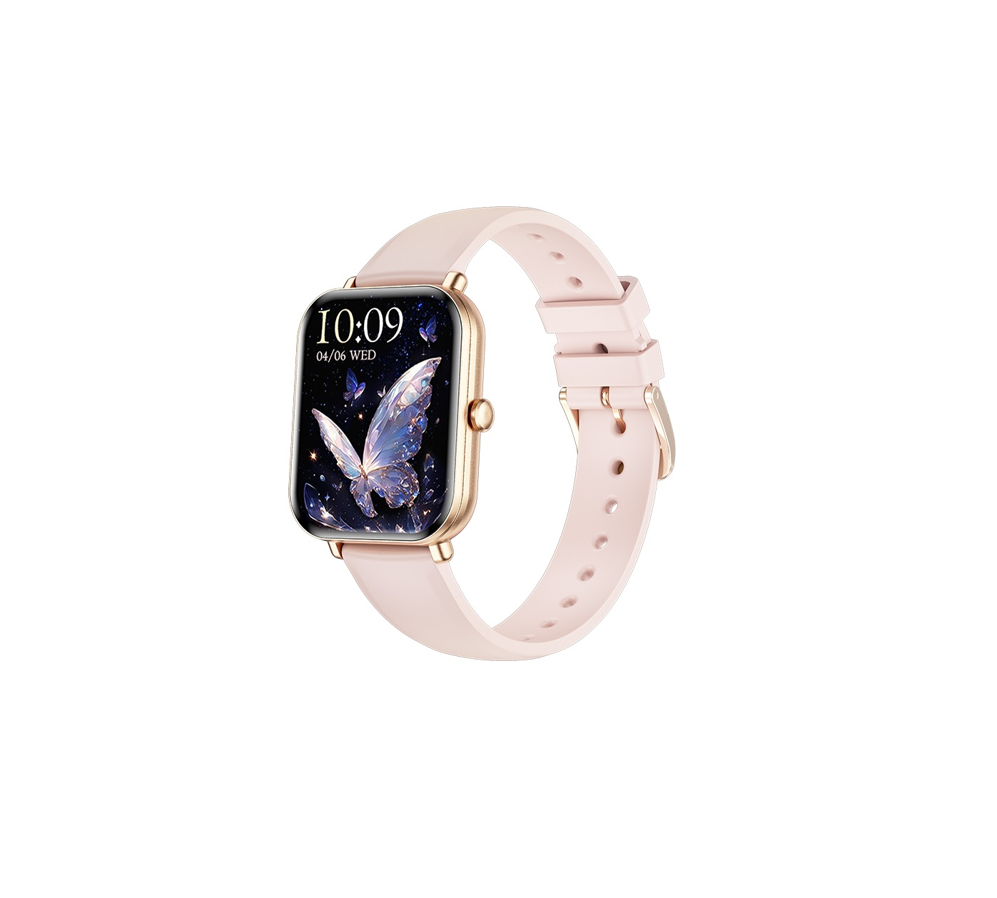 Eine roségoldene Smartwatch mit hellrosa Armband. Der Bildschirm zeigt die Uhrzeit und eine Schmetterlingsgrafik. Die Uhr ist auf weißem Hintergrund.