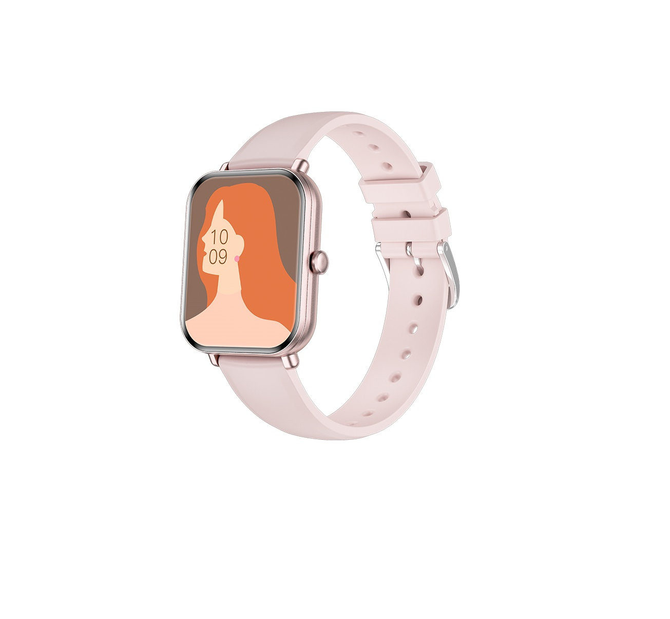 Eine rosa Smartwatch mit rosa Armband. Das Zifferblatt zeigt eine Frauensilhouette mit orangefarbenem Haar und die Uhrzeit 10:09.