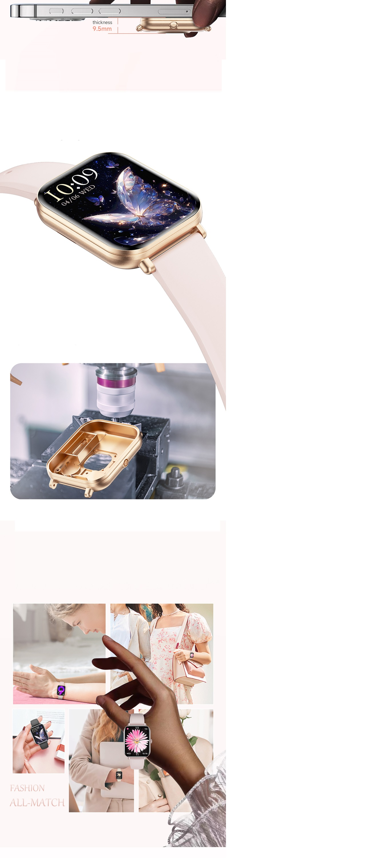 Das Bild zeigt einen Smartwatch- und Telefonvergleich, den Herstellungsprozess und Modestile mit der Uhr.