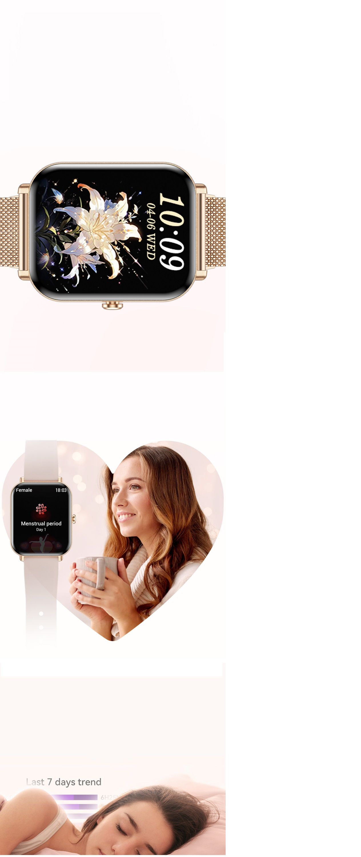 Eine Frau trägt eine Smartwatch, die Zeit und Blumendesign anzeigt. Ein anderes Bild zeigt eine Frau mit einer Uhr mit Periodenverfolgung.