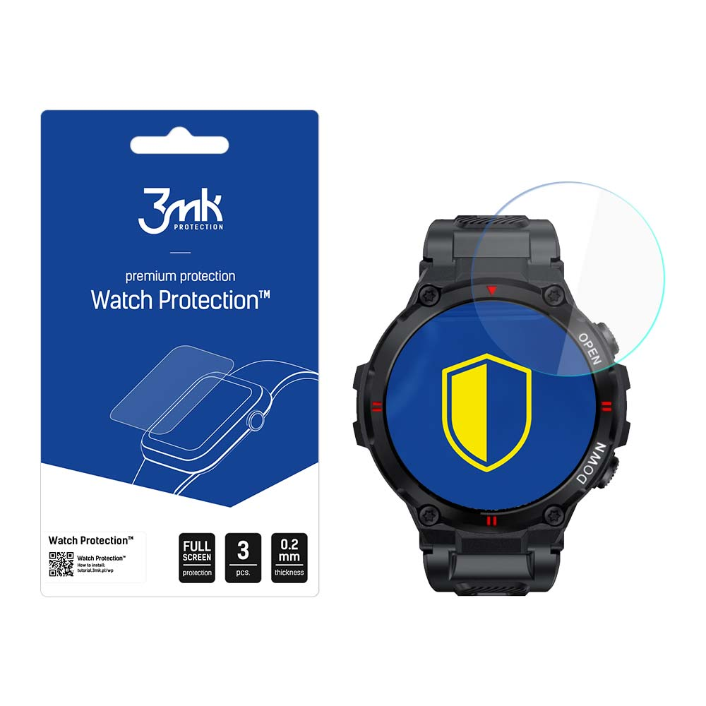 Uno smartwatch accanto a una confezione blu con una protezione per lo schermo. La confezione presenta il logo del marchio e la scritta 'Watch Protection'.