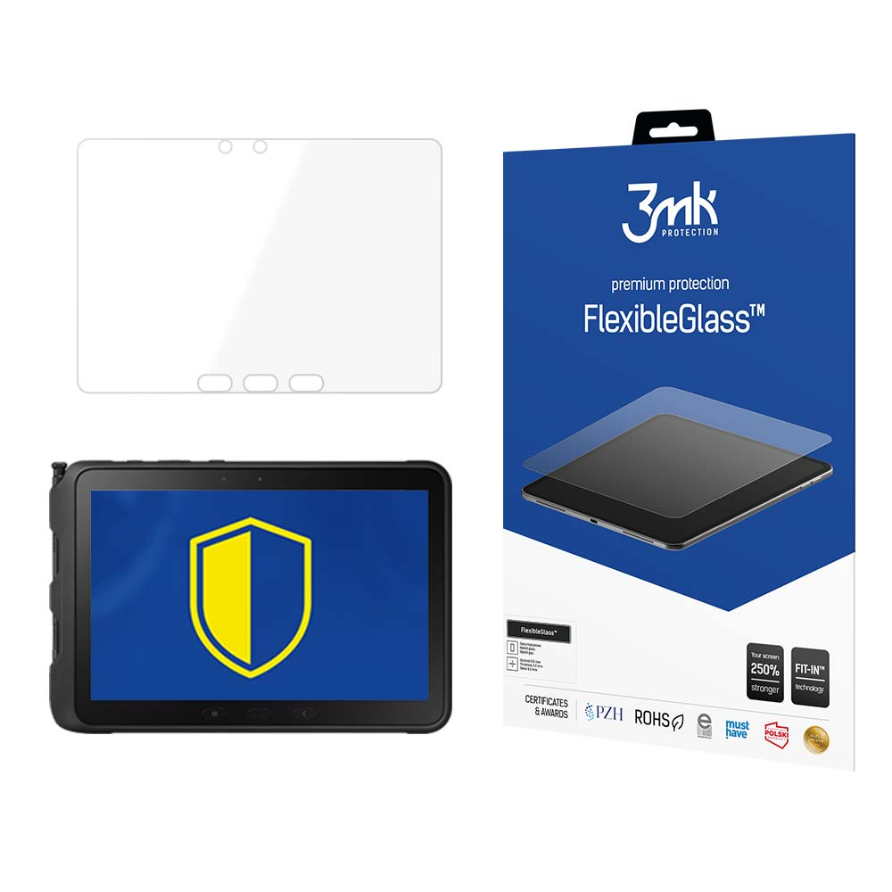 Vengono mostrati un tablet, una protezione per lo schermo e una confezione. Il tablet ha uno scudo giallo e blu sullo schermo.