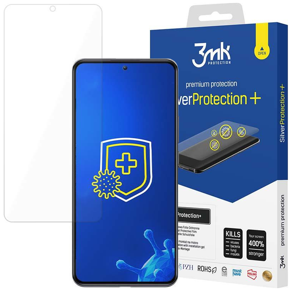 Un proteggi schermo per telefono con un telefono e la sua scatola. La scatola dice VerProtection+ e uccide virus e batteri.