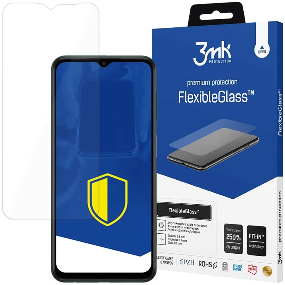 Un telefono e una scatola di protezione dello schermo sono su una superficie bianca. Lo schermo del telefono mostra uno scudo. La scatola dice 'FlexibleGlass'.