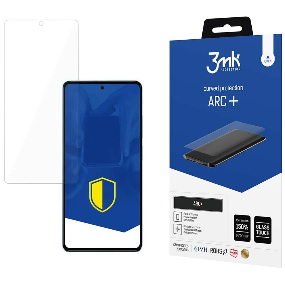 Ochraniacz ekranu, telefon i jego pudełko z tekstem 'ARC+' i '150% mocniejszy'.