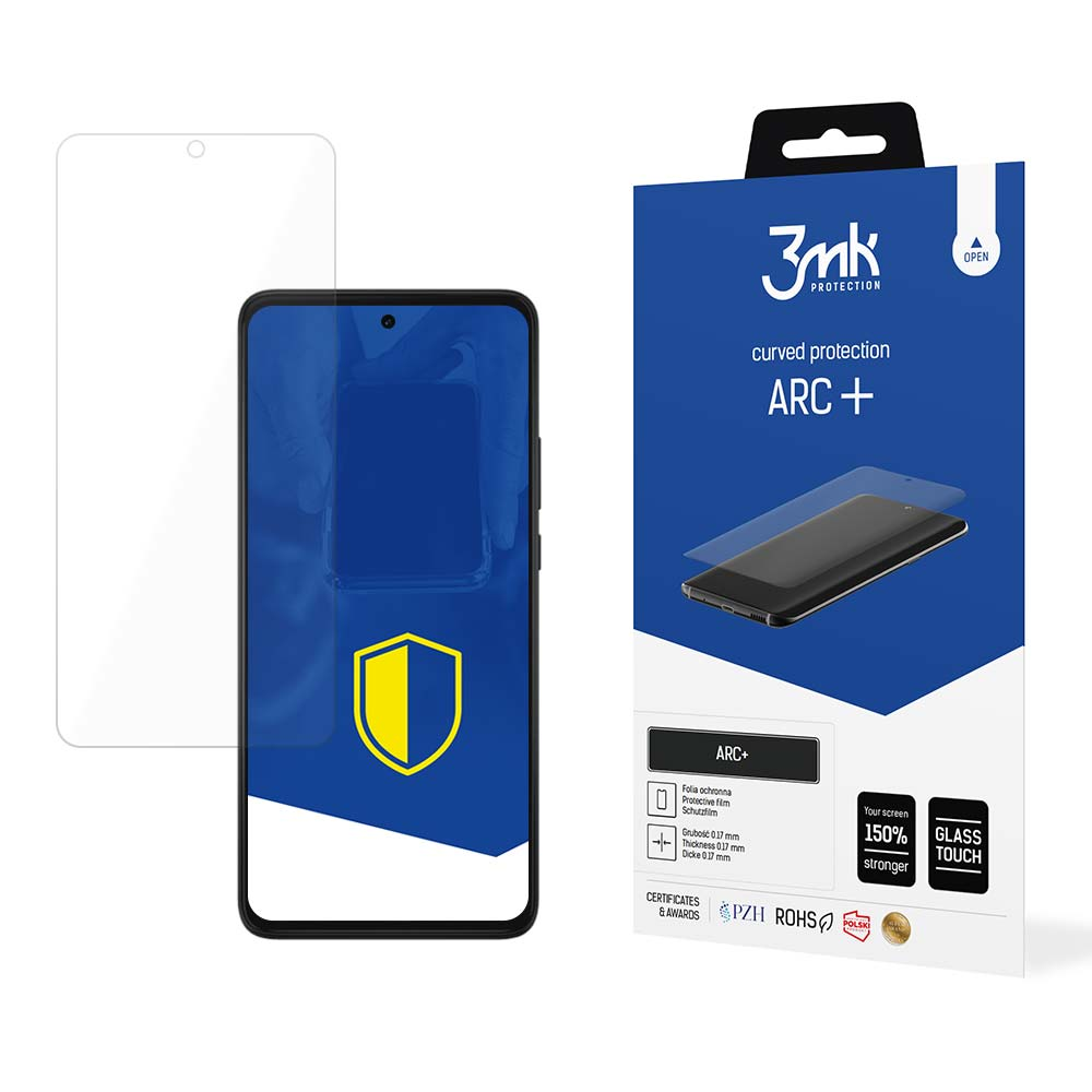 Un proteggi schermo per telefono e la sua scatola sono mostrati, con il marchio 3mk. La scatola mostra il prodotto, ARC+, e le sue caratteristiche.