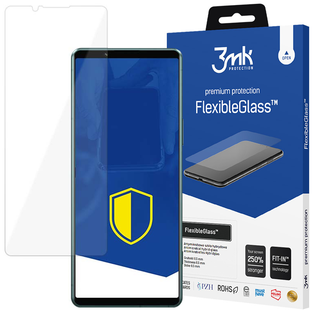 Un telefono con protezione schermo, una scatola di FlexibleGlass e una protezione schermo trasparente su sfondo bianco.