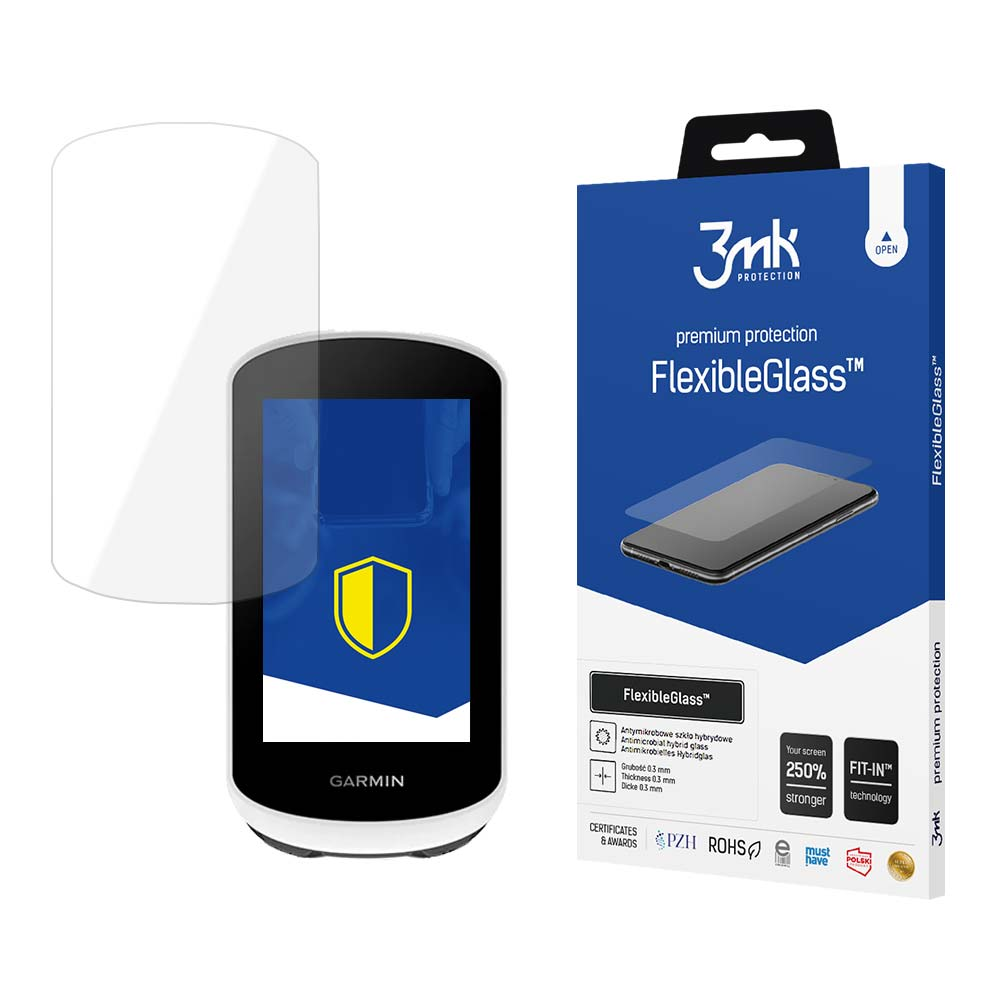 Un dispositivo Garmin con una protezione per lo schermo e una scatola di FlexibleGlass. La scatola è blu, con testo e un'immagine del telefono.