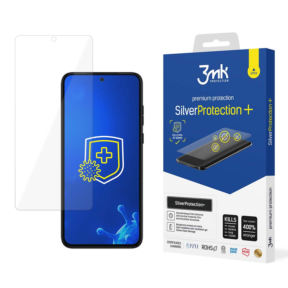 Pudełko z ochraniaczem ekranu telefonu i telefon. Pudełko jest niebiesko-białe, z tekstem. Ekran telefonu pokazuje znak plus.