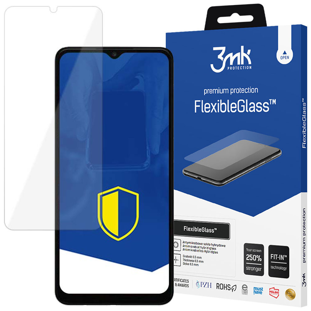 Un proteggi schermo, un telefono e una scatola. La scatola dice 'FlexibleGlass' e ha un'immagine del telefono. Il telefono ha uno scudo giallo.