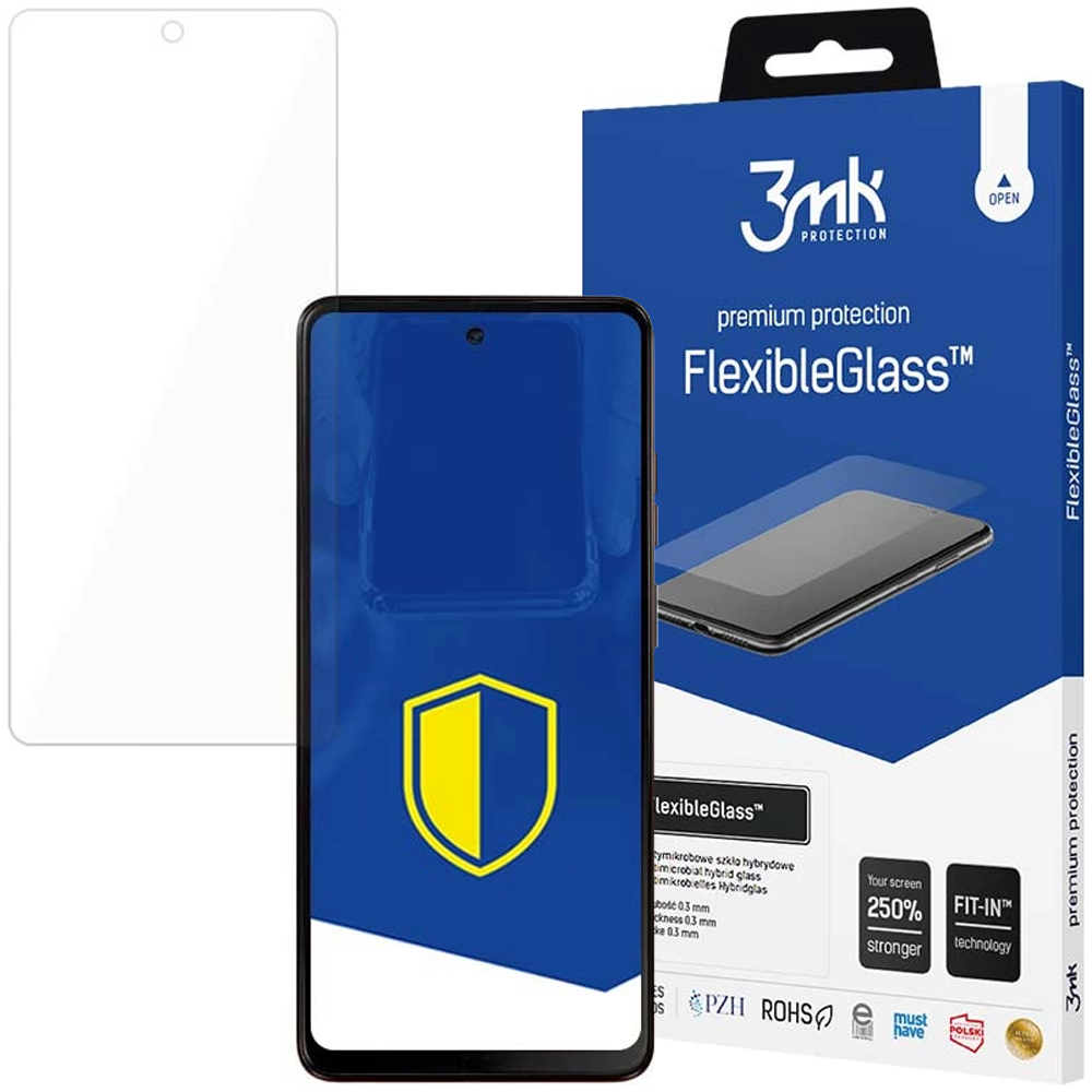 Un proteggi schermo per telefono, un telefono e una scatola blu FlexibleGlass sono esposti su sfondo bianco.