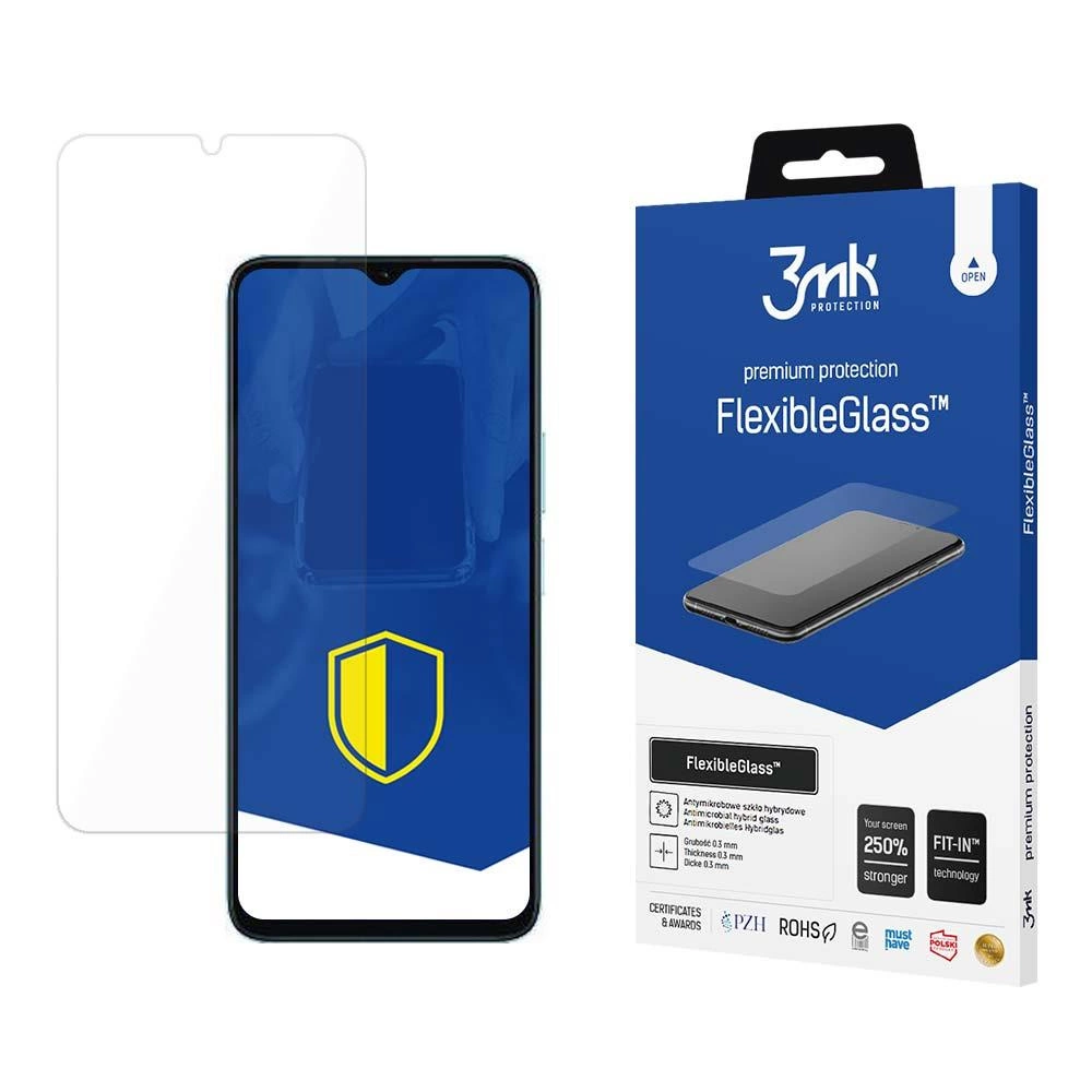 Un telefono e una protezione schermo sono esposti. La protezione è trasparente. La confezione è blu con testo e immagine del telefono.