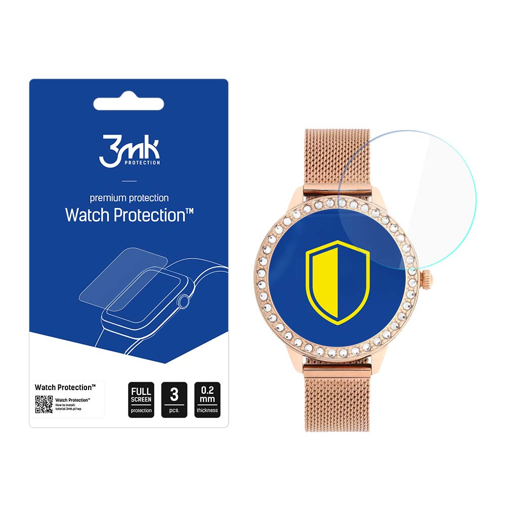 Un orologio con protezione schermo blu, confezione con protezione e marchio 3mk. L'orologio è dorato con cinturino in mesh.