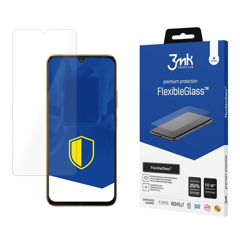 Un telefono con protezione schermo accanto alla confezione FlexibleGlass. La confezione è blu e bianca con dettagli del prodotto.